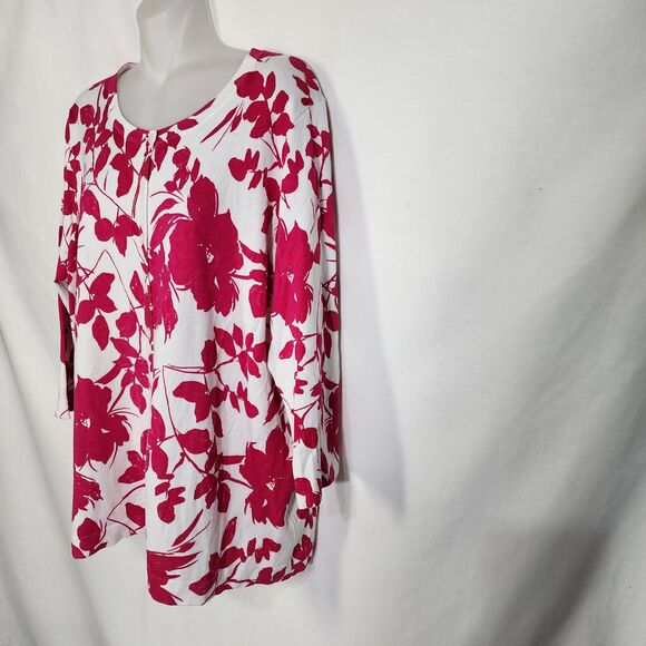 Roz & Ali Womens Cardigan Sweater Size 2X White Pink Floral Button Up 3/4 Sleeve - Picture 5 of 9